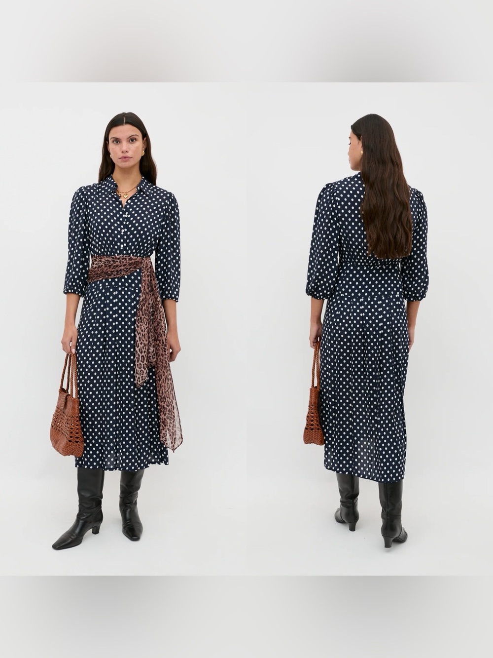 Rixo Izzy Midi Shirt Dress Runway Spot Navy Polka Dot XS EUC